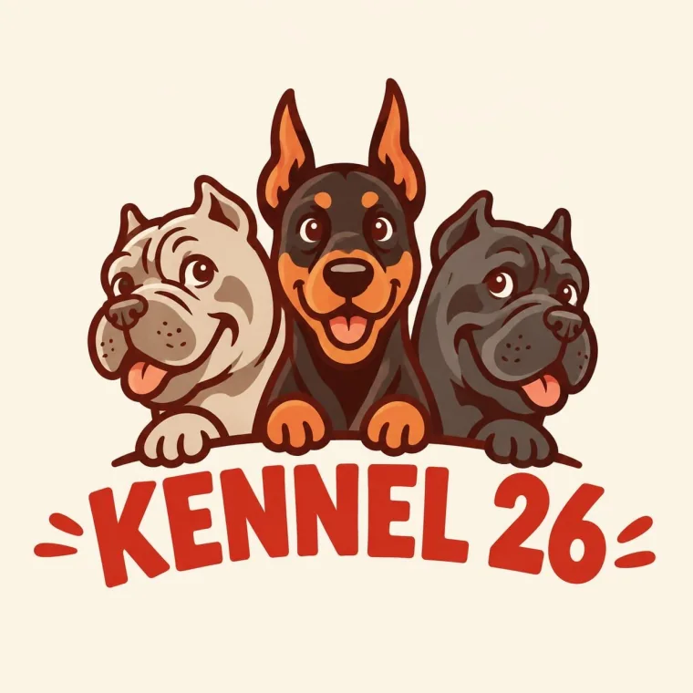 Ilustración de Kennel 26: tres perros sonrientes asomados sobre el nombre de la marca